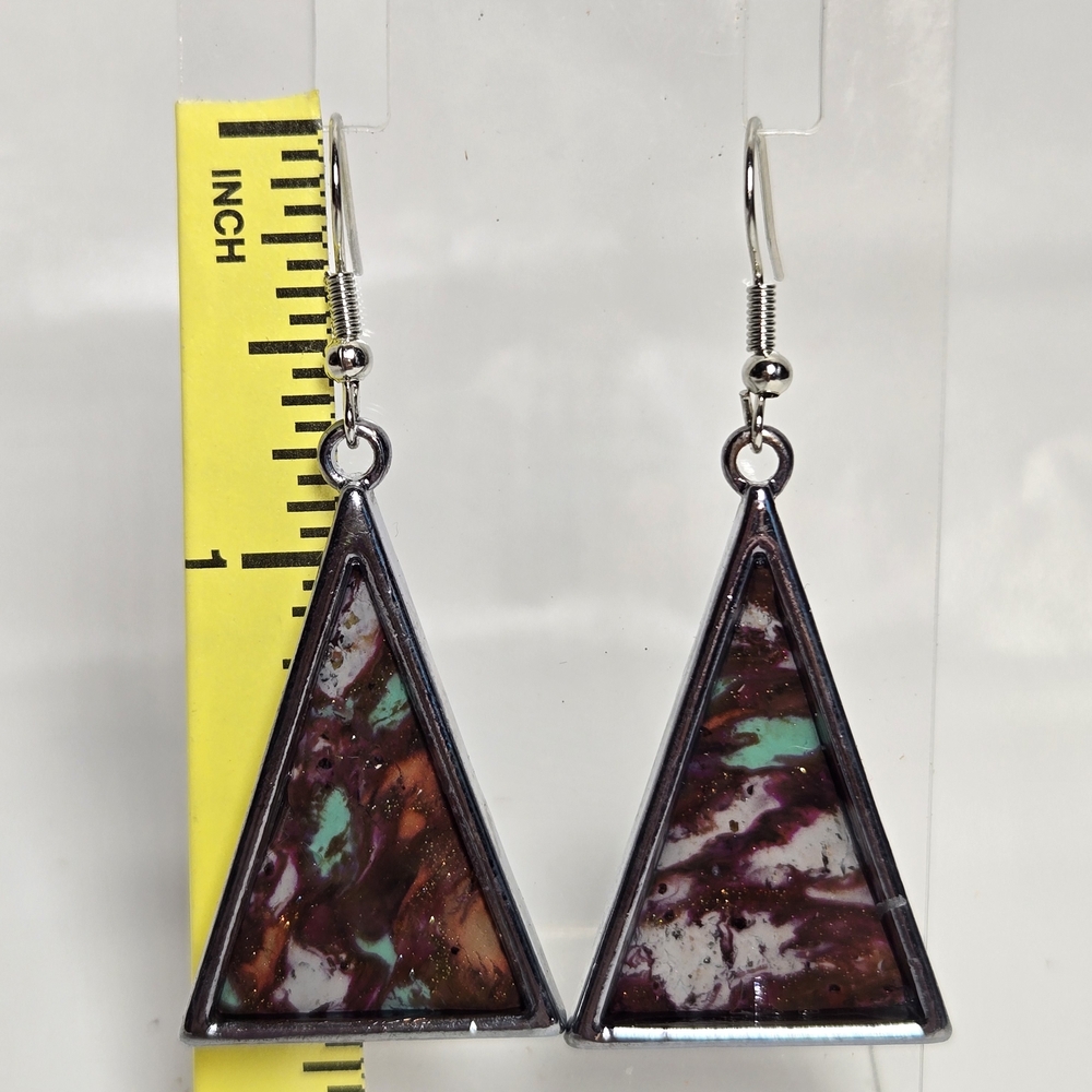 #180- Chic Triangular Earrings with Brown, Green and Silver Accents